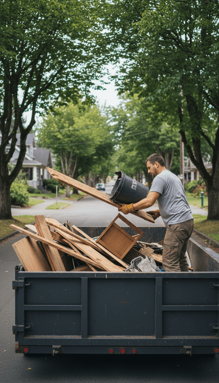 Worker loading debris into a dump trailer