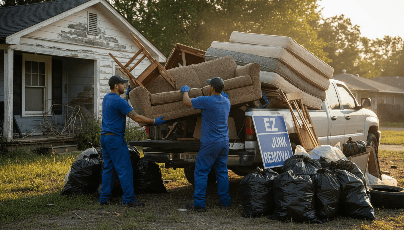 Junk removal workers loading pickup truck with furniture and debris