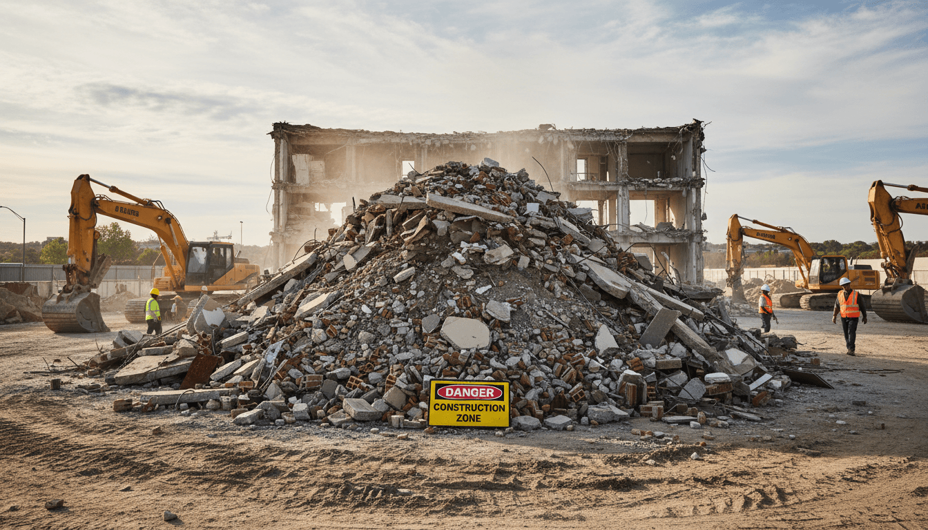 Pile of concrete rubble and construction debris on job site