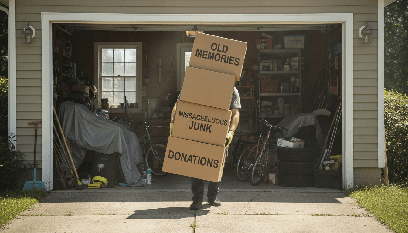 Worker carrying large cardboard boxes out of cluttered garage