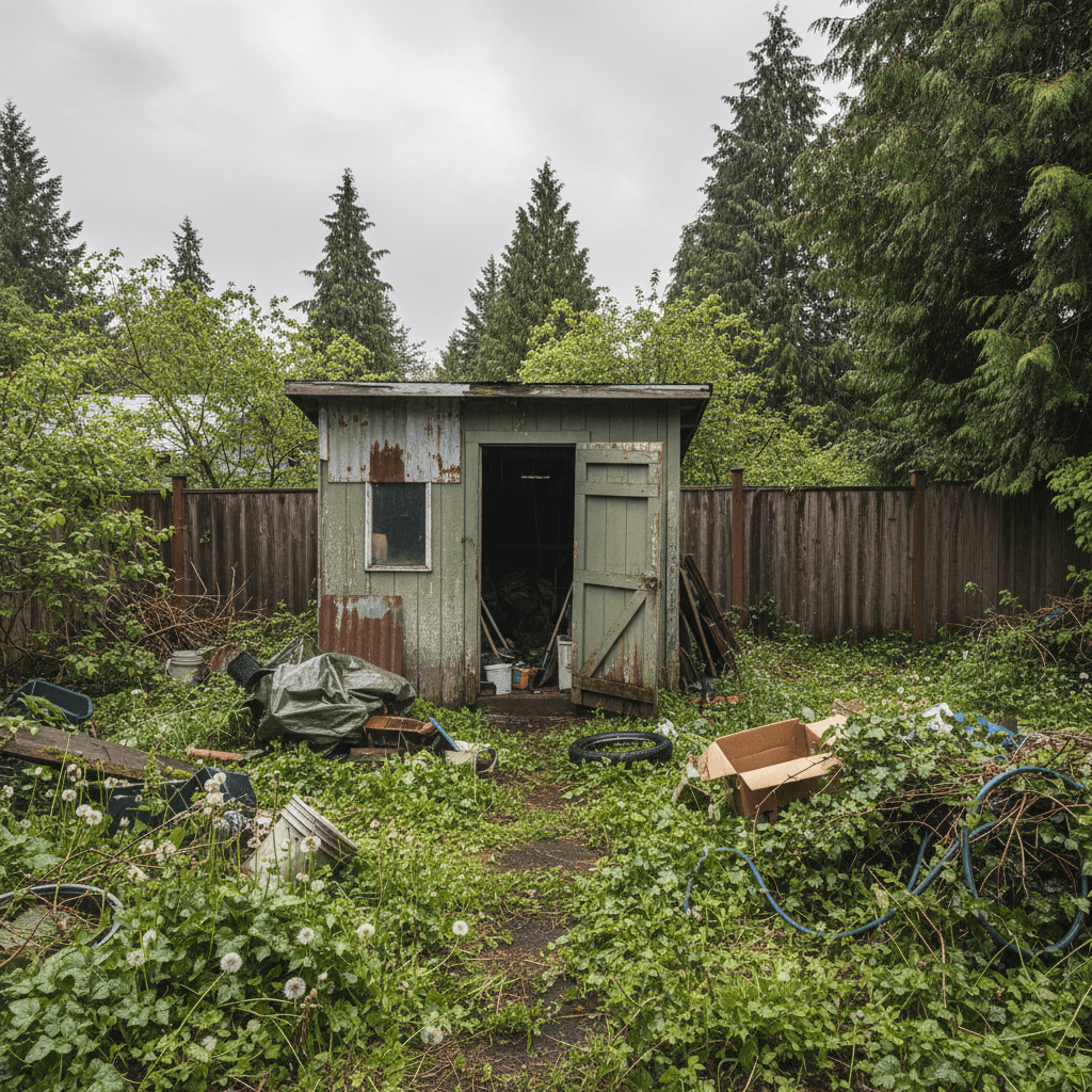 Cluttered backyard with old shed and debris