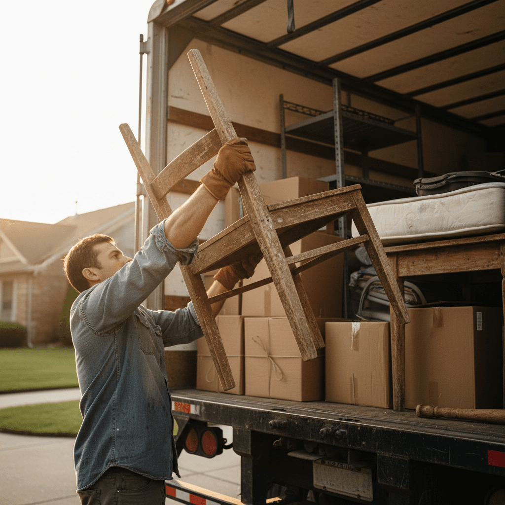 Worker loading a box onto a dumpster trailer from a garage