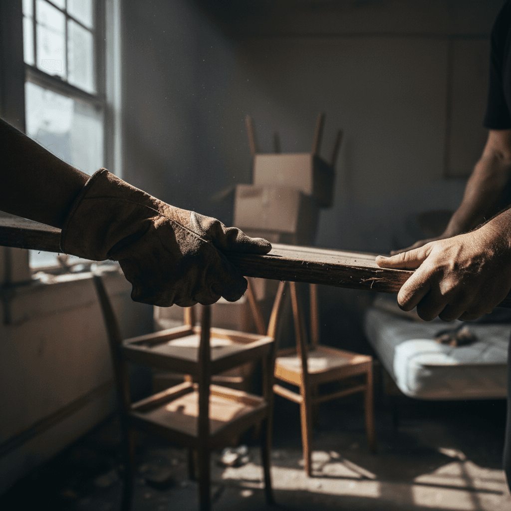 Gloved hand gripping a wooden plank at a job site
